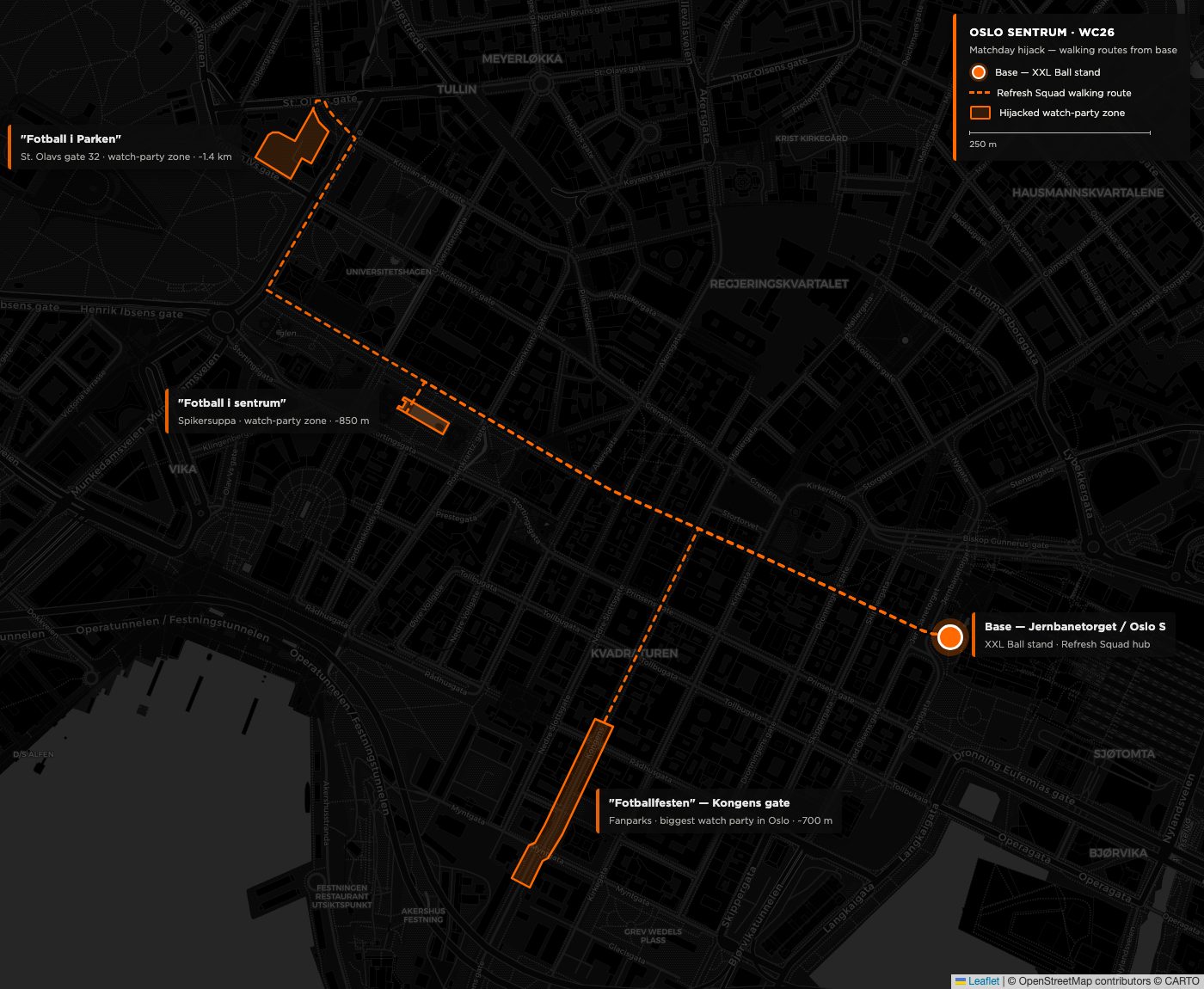Map of central Oslo — base at Jernbanetorget with Refresh Squad routes to the three watch parties